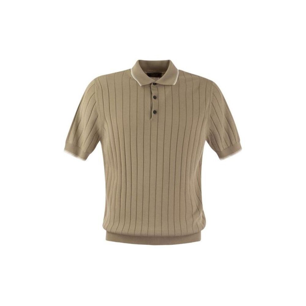 PESERICO Men's Ribbed Knit Short Sleeve Polo Shirt Men BEIGE/WHITE T-Shirts